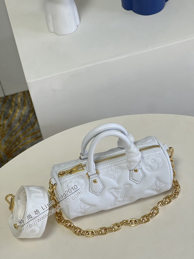LV專櫃2023新款Papillon BB手袋 M59827白 路易威登牛皮壓花Monogram圖案手提肩背枕頭包 dn1205